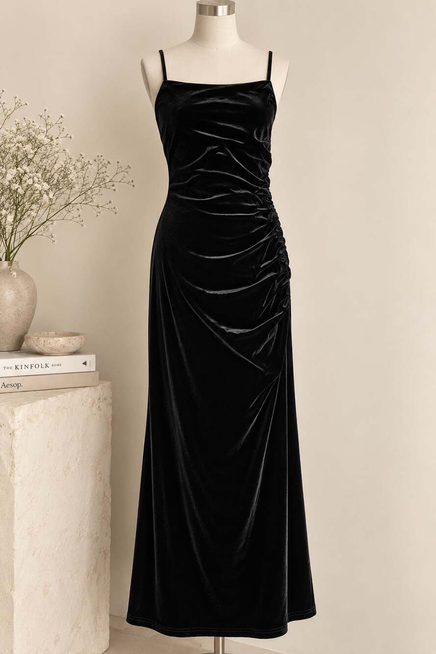 S•DEER Concept Black Velvet Ruched Maxi Dress 90s Goth M